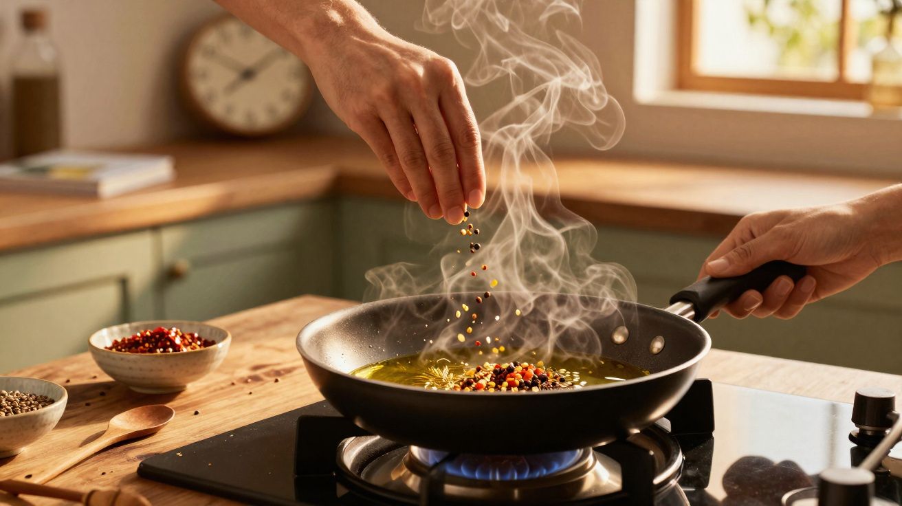 Mão adiciona especiarias em frigideira com óleo quente sobre fogão a gás em cozinha iluminada.