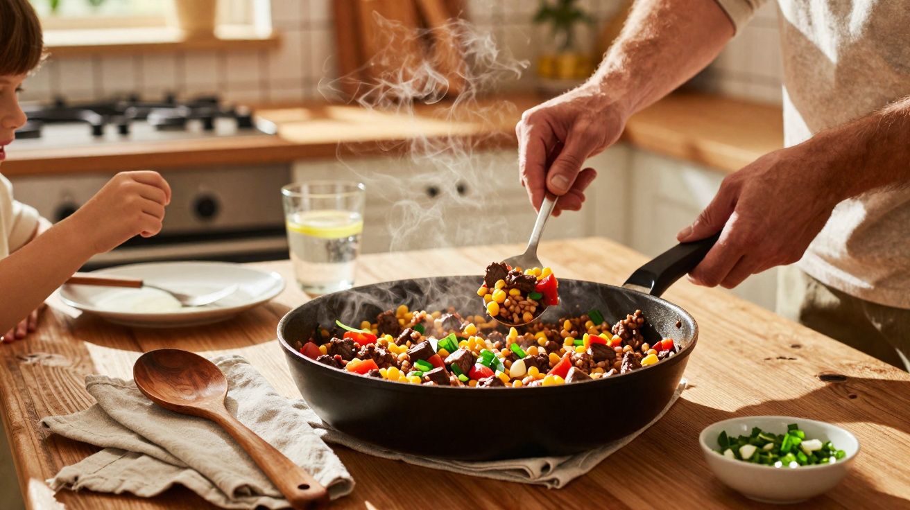 Pessoa servindo comida colorida com milho, feijão e legumes em frigideira na mesa de madeira na cozinha.