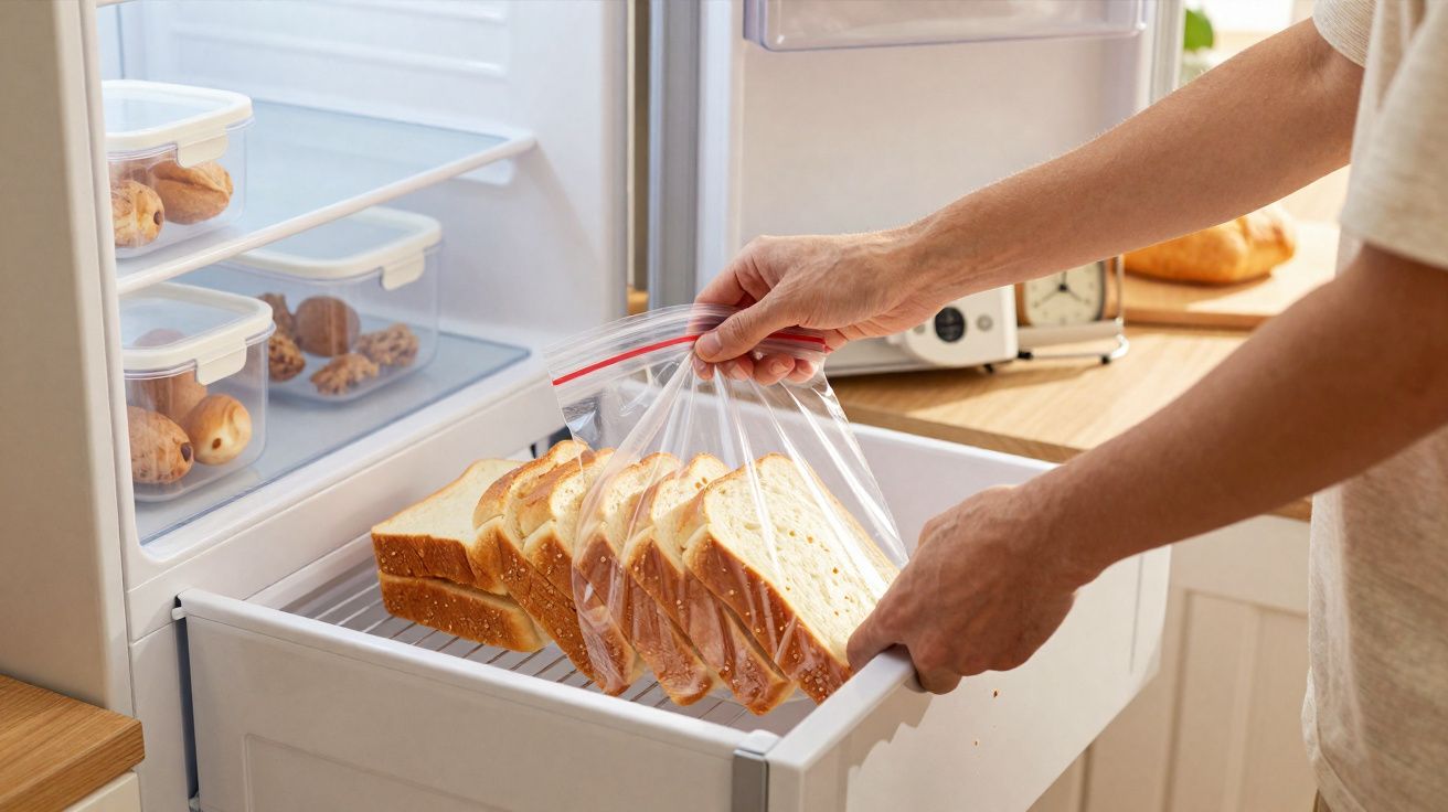 Pessoa guardando fatias de pão em saco plástico dentro da geladeira branca.
