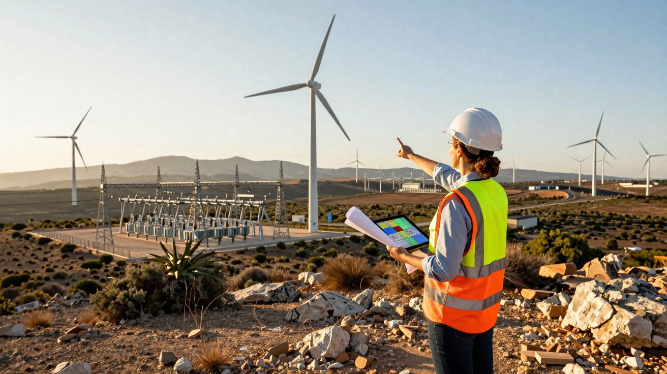 Engenheira em colete e capacete observa turbinas eólicas em parque de energia ao pôr do sol.