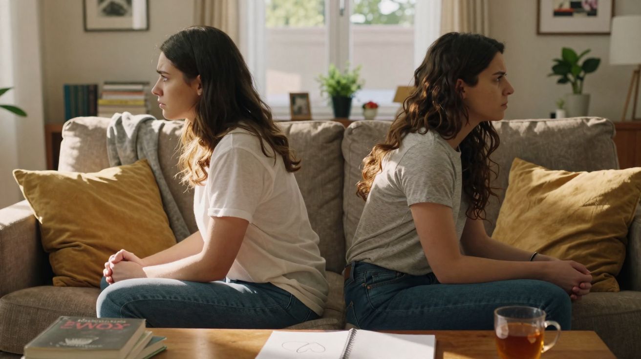 Duas mulheres sentadas de costas uma para a outra no sofá, parecendo pensativas e tensas.