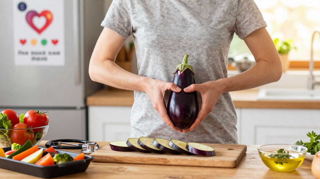 Pessoa segurando berinjela inteira na cozinha com legumes e azeite sobre bancada de madeira