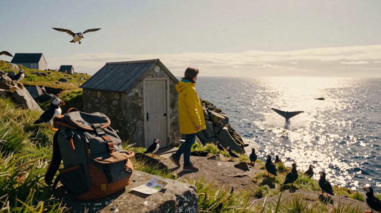 Pessoa de capa amarela observa baleia no mar com papagaios-do-mar em penhasco rochoso ao pôr do sol.
