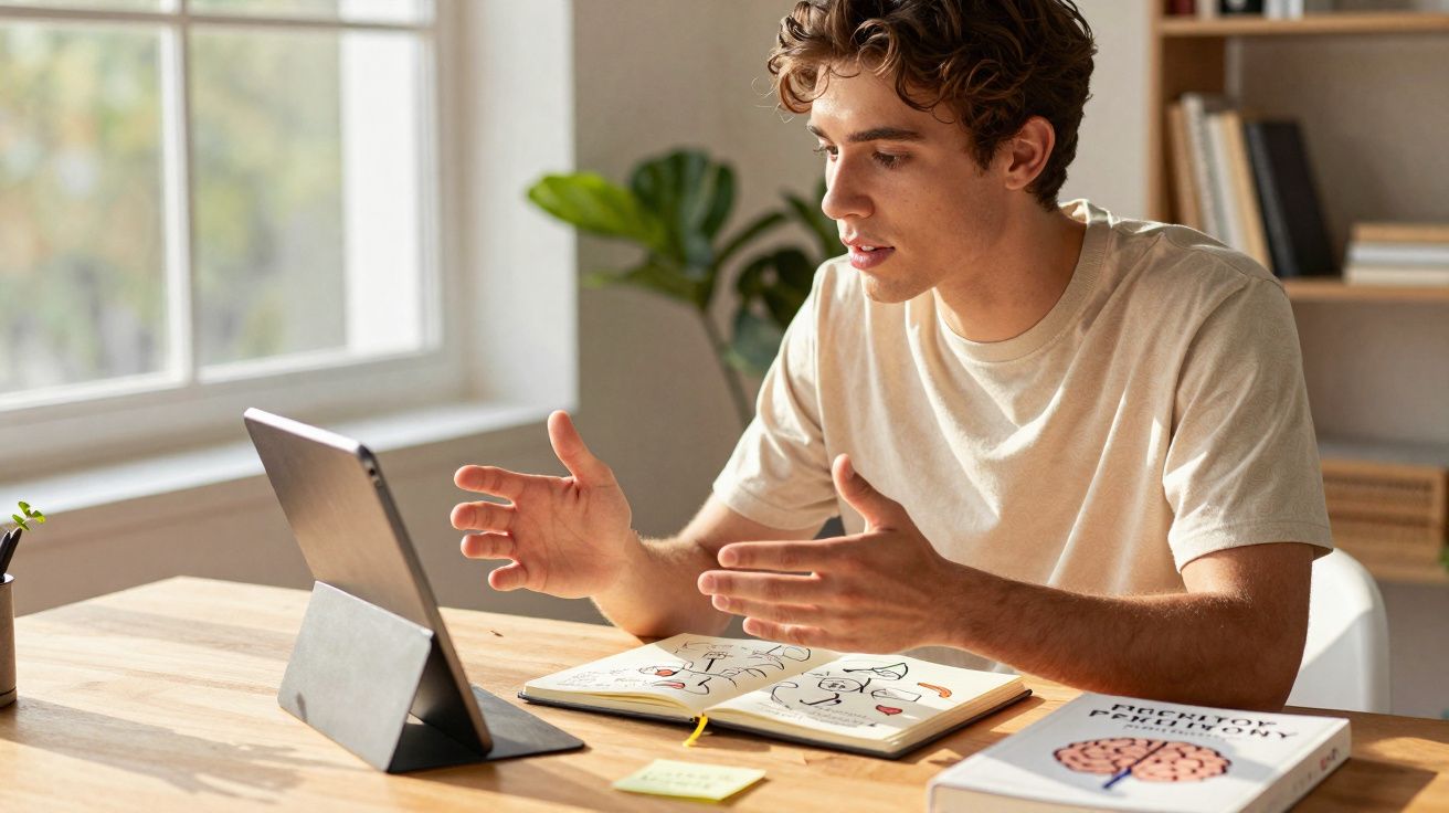Jovem estudando e explicando conteúdo com tablet, caderno e livro sobre neurociência em mesa de madeira.