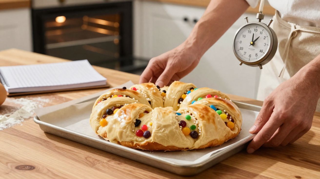 Pessoa segurando forma com Rosca de Reis decorada com doce colorido e timer de cozinha pendurado na cintura.