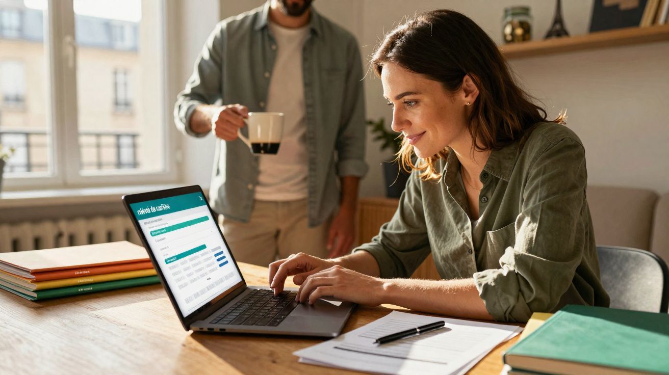 Mulher sorrindo trabalhando no notebook sentada à mesa com livros e homem ao fundo segurando café.