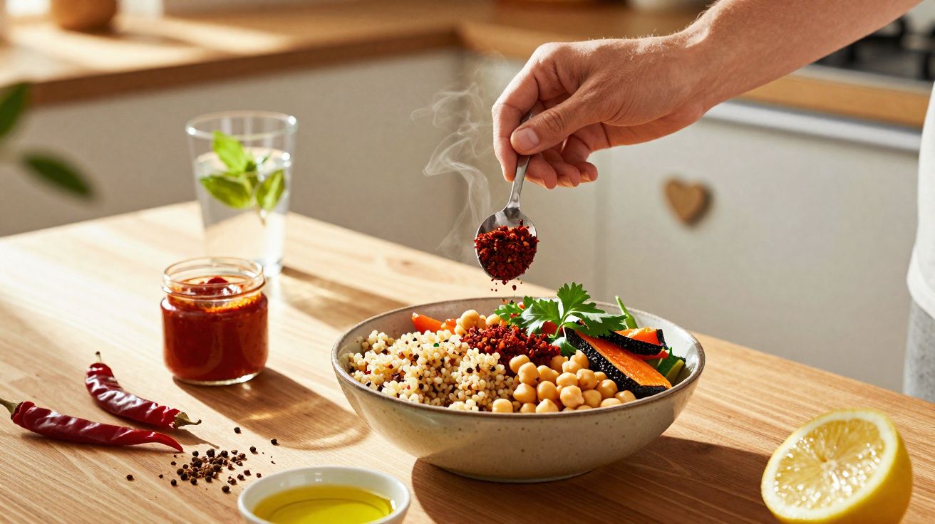 Pessoa adiciona tempero vermelho em prato com grãos, legumes e grão-de-bico numa mesa de madeira.