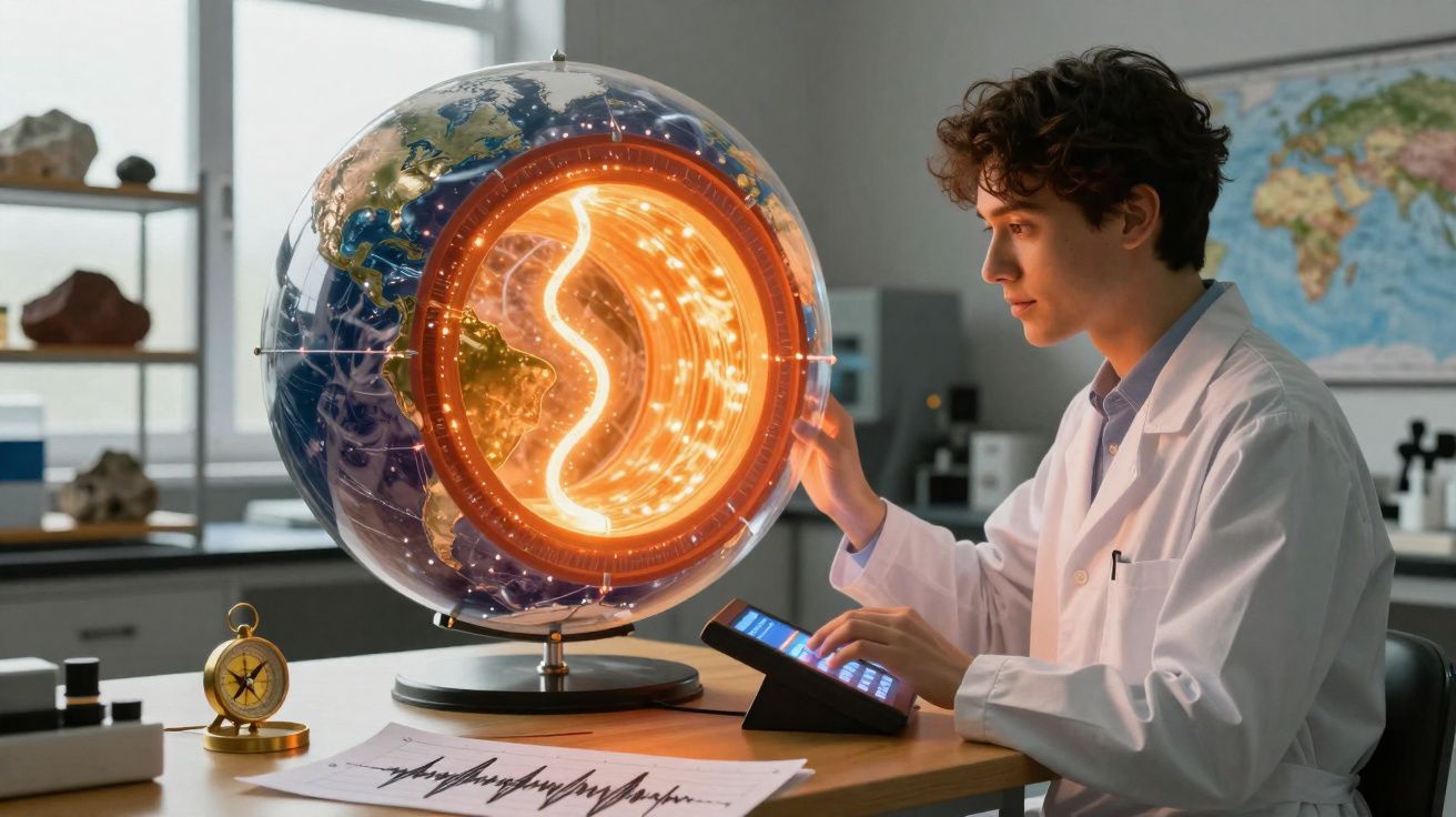 Jovem cientista analisa modelo iluminado da estrutura interna da Terra em laboratório moderno.