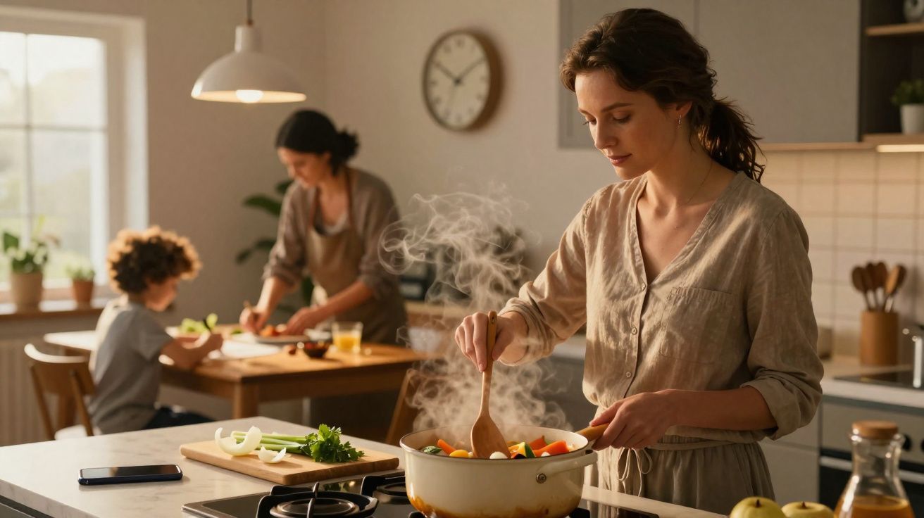 Mulher cozinhando legumes em panela enquanto outra pessoa e criança preparam alimentos na mesa ao fundo.