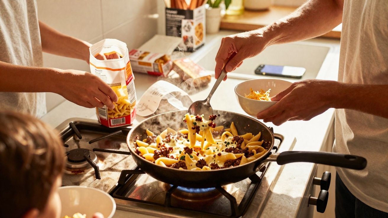 Pessoas preparando macarrão com molho e ingredientes em uma frigideira no fogão a gás.
