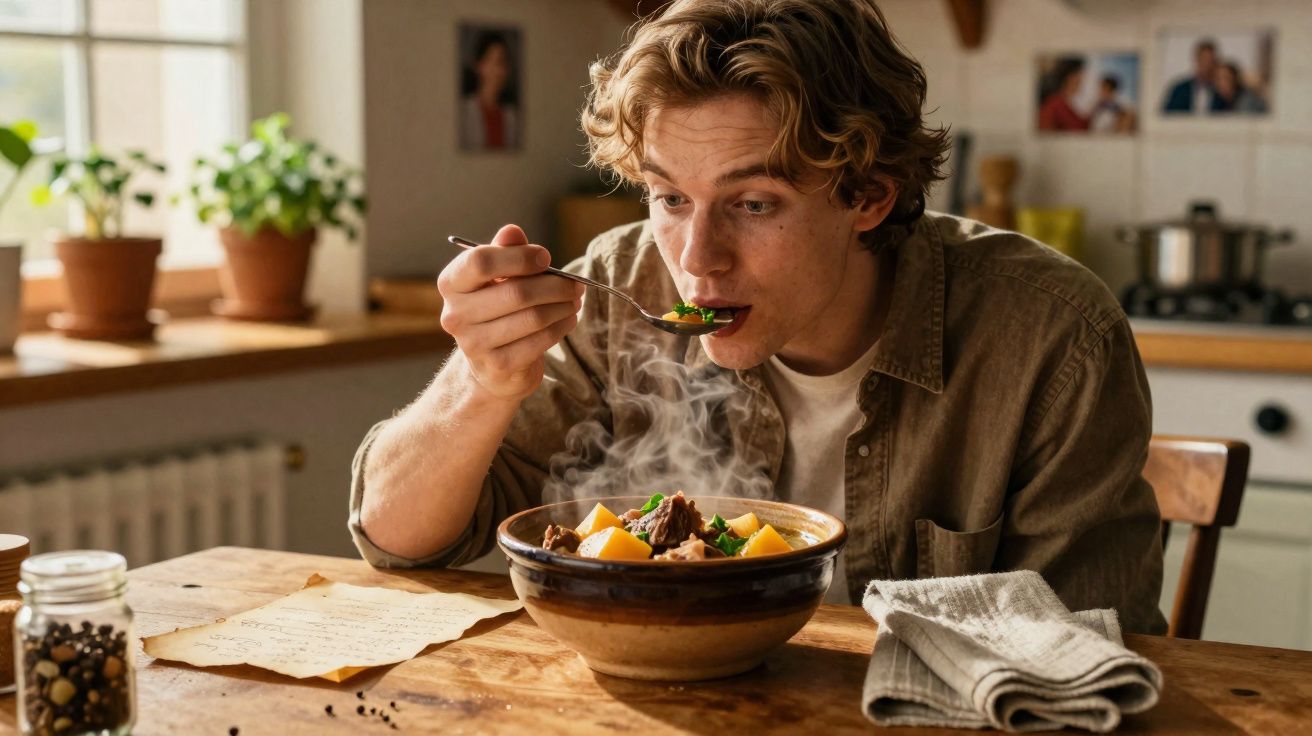 Jovem com camisa marrom comendo sopa quente em uma tigela grande em uma cozinha iluminada.