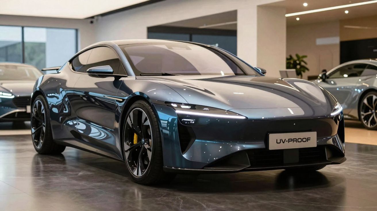 Carro esportivo elétrico azul metálico com design moderno em showroom iluminado.