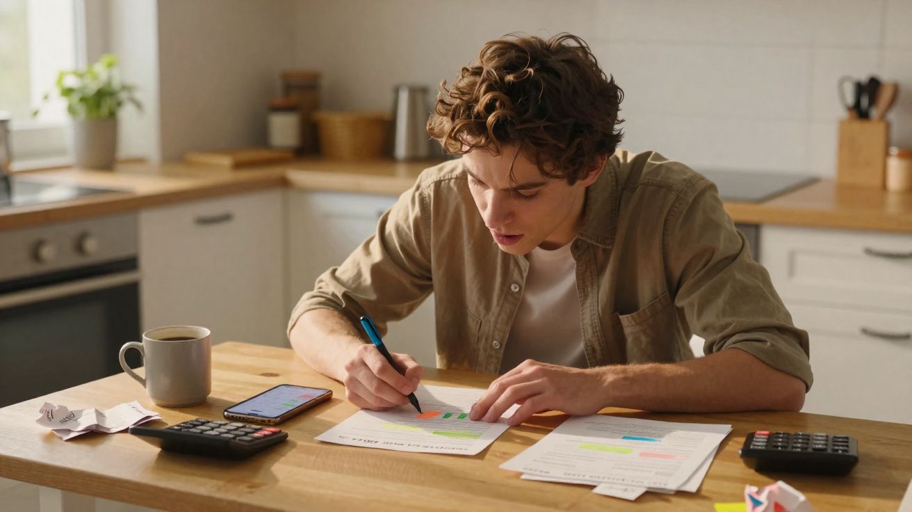 Jovem concentrado fazendo anotações em documentos na mesa de madeira na cozinha iluminada durante o dia.