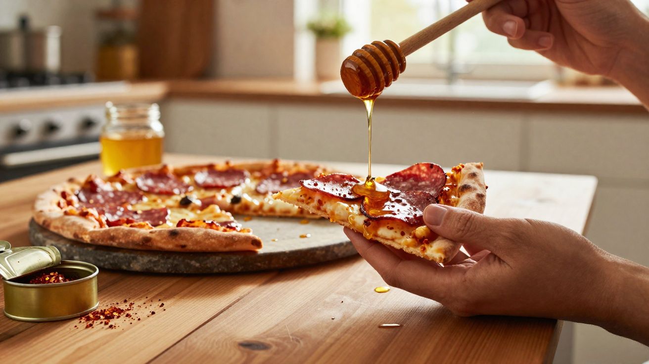 Pessoa regando mel sobre fatia de pizza de pepperoni em mesa de madeira na cozinha.