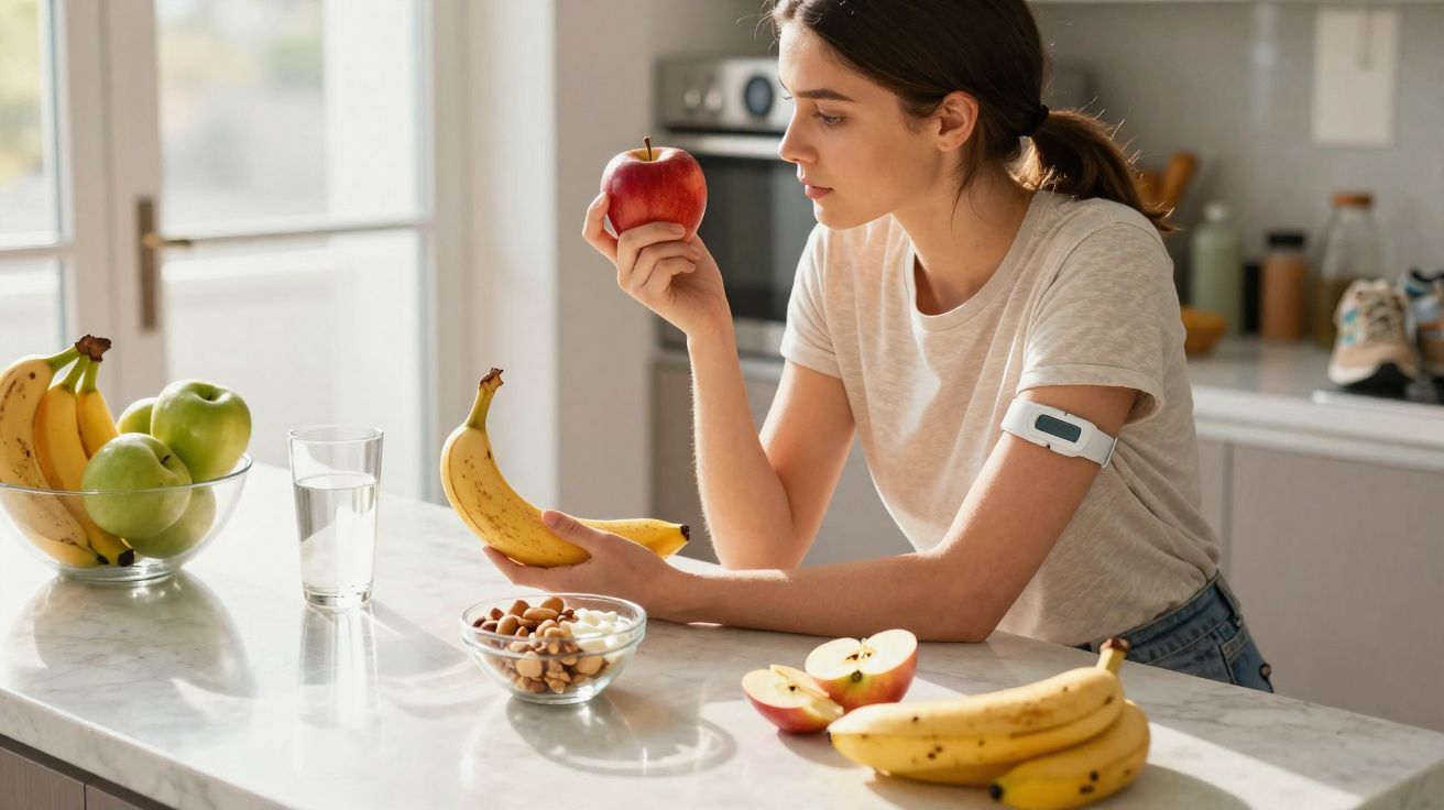 Mulher segurando maçã e banana sentada na cozinha com frutas e castanhas sobre a bancada.