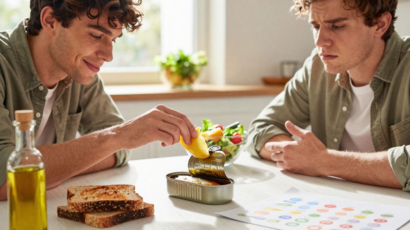 Dois homens sentados à mesa; um espremendo limão sobre sardinhas em lata, outro observando com expressão séria.