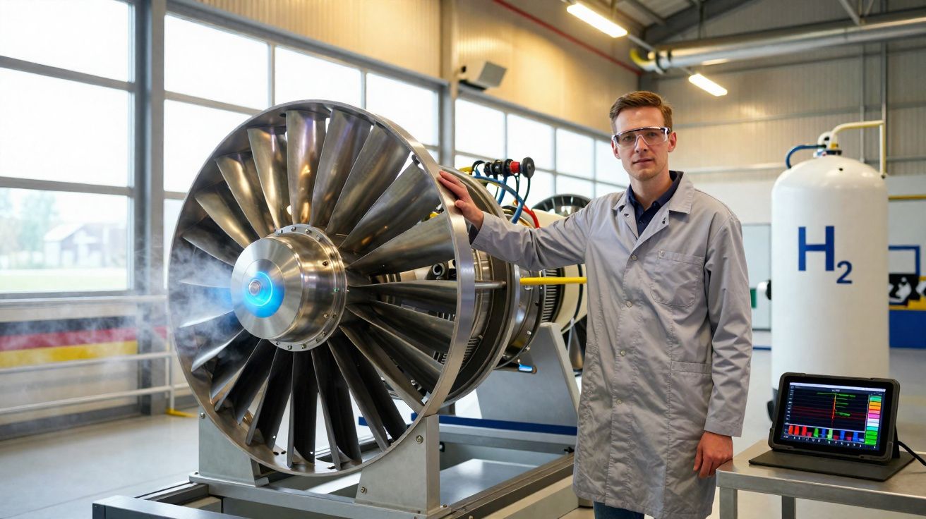 Homem com jaleco e óculos de proteção ao lado de turbina industrial em laboratório com cilindro de hidrogênio.