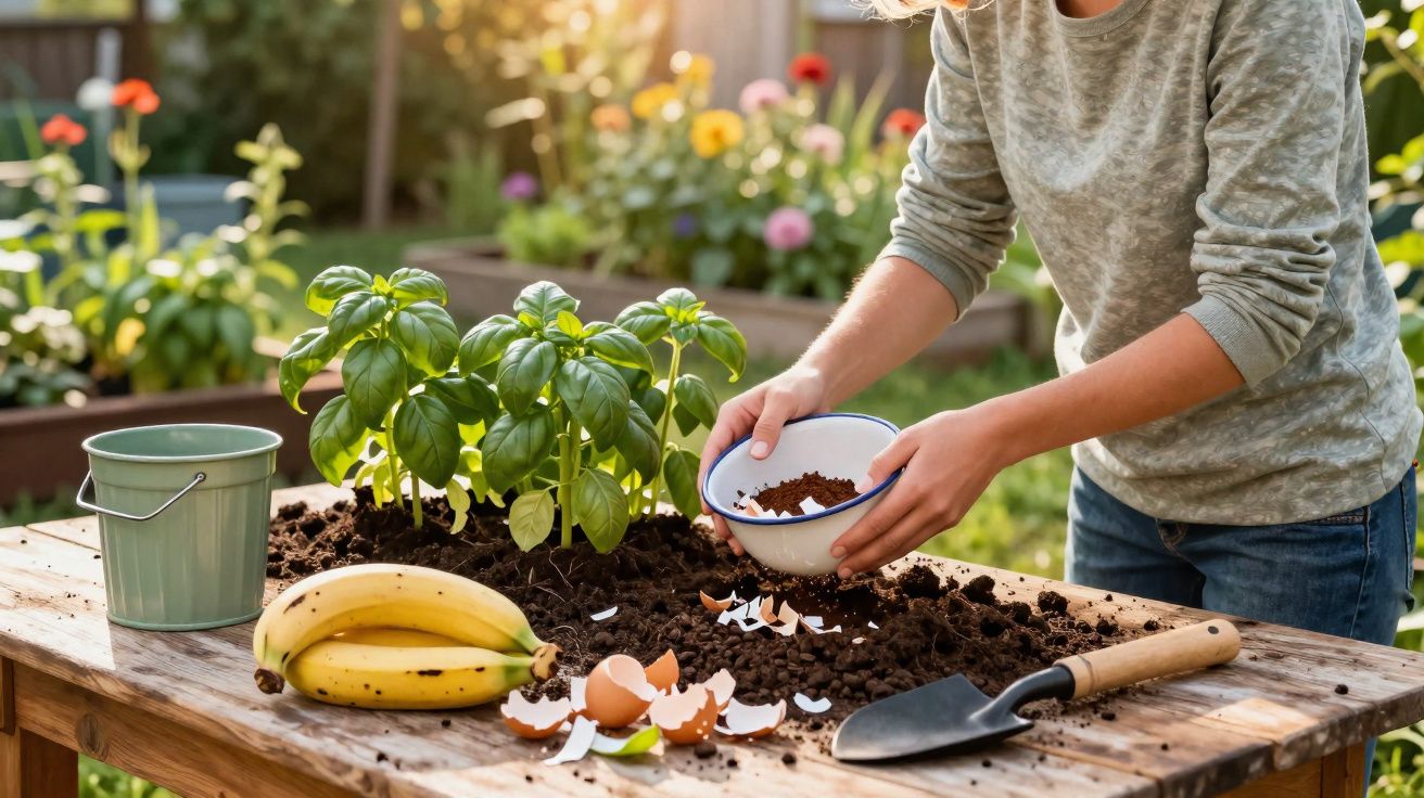 Pessoa sem rosto preparando vaso com terra, cascas de ovo, bananas e plantas em jardim ensolarado.