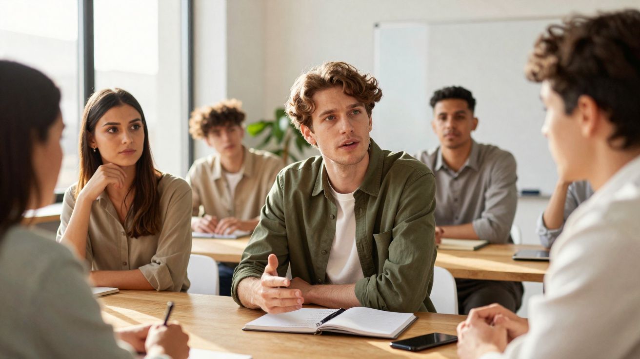 Grupo de jovens em reunião sentados à mesa discutindo com cadernos e celular à vista.