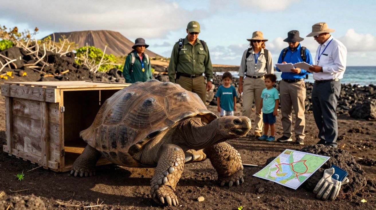 Tartaruga gigante saindo de caixa de madeira com pessoas observando em paisagem vulcânica costeira.