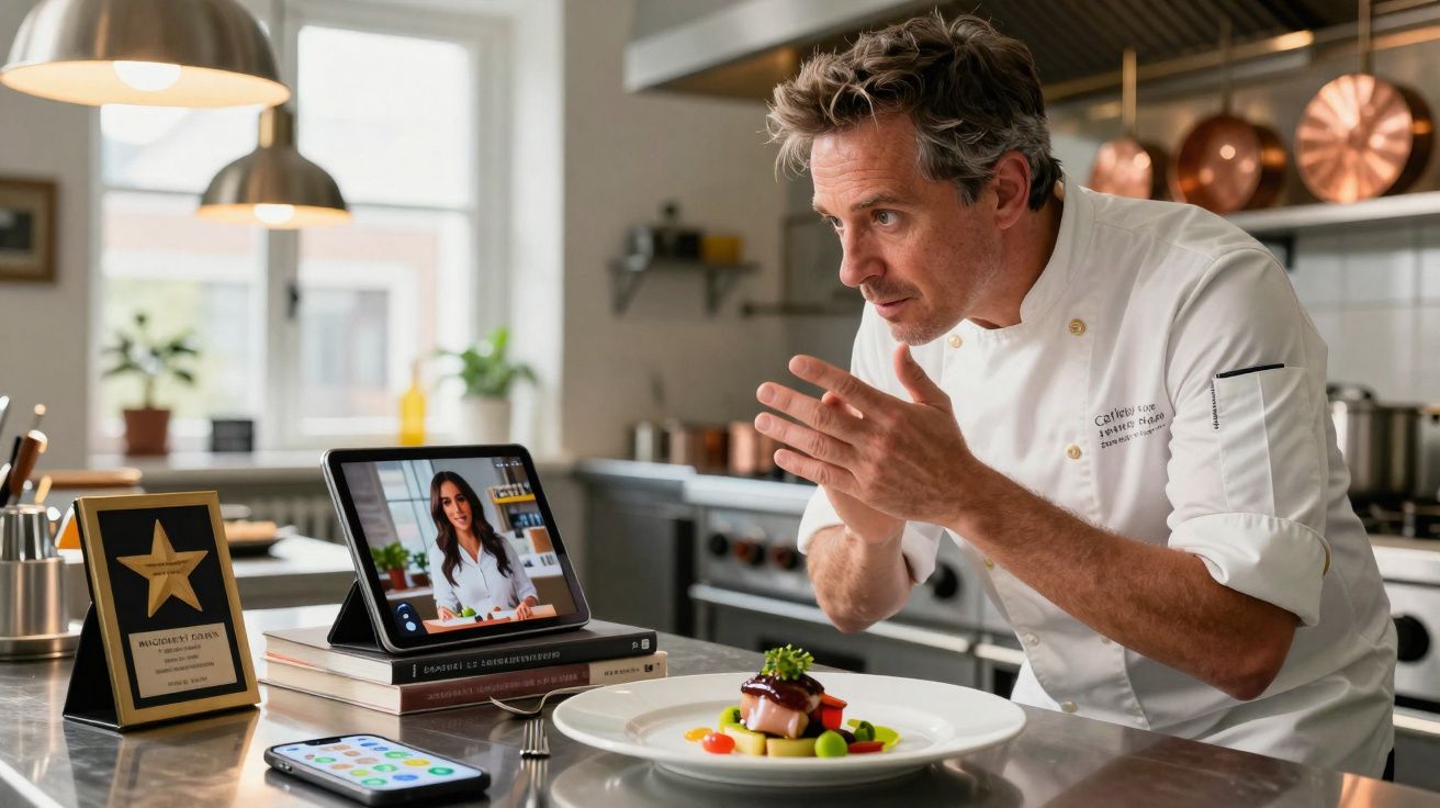 Chef masculino explicando prato gourmet durante vídeo chamada em cozinha profissional bem iluminada.