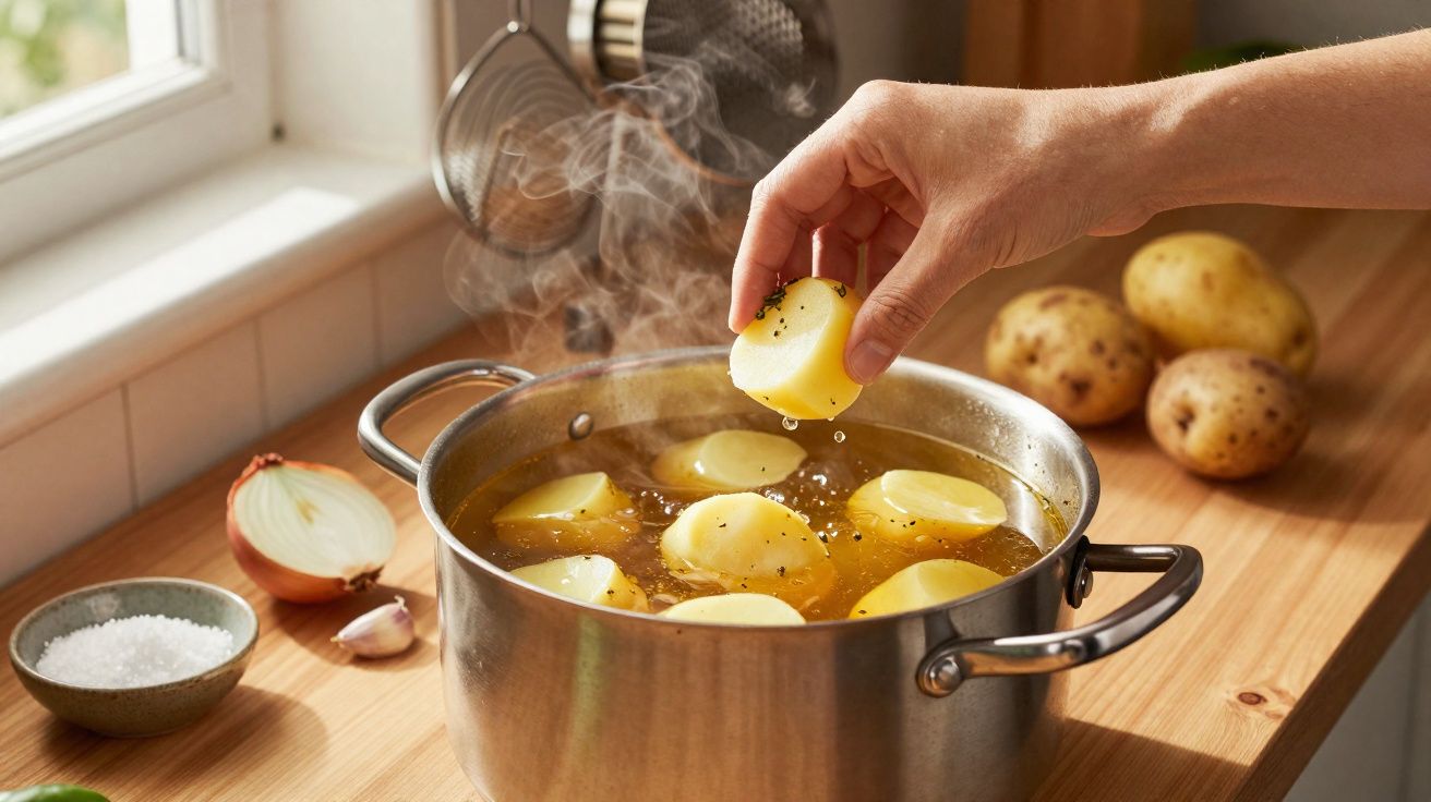 Mão colocando batatas em panela com água fervente na cozinha, ao lado de cebola, alho e sal.
