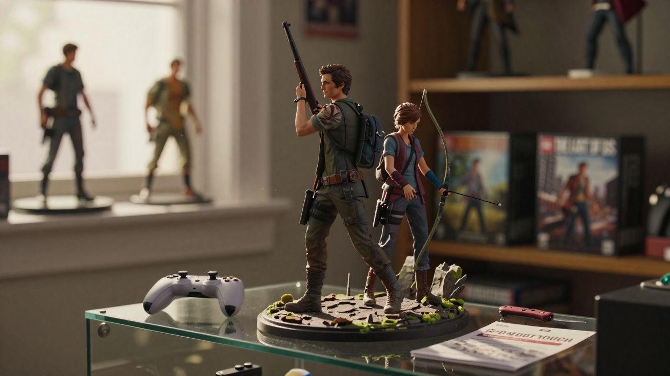 Estatuetas de personagens com arma e arco sobre mesa de vidro em sala com controle de videogame e estantes ao fundo.