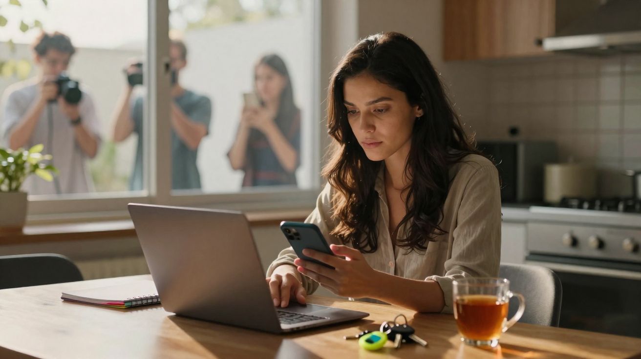 Mulher sentada à mesa usando celular e laptop, com três pessoas observando pela janela ao fundo.