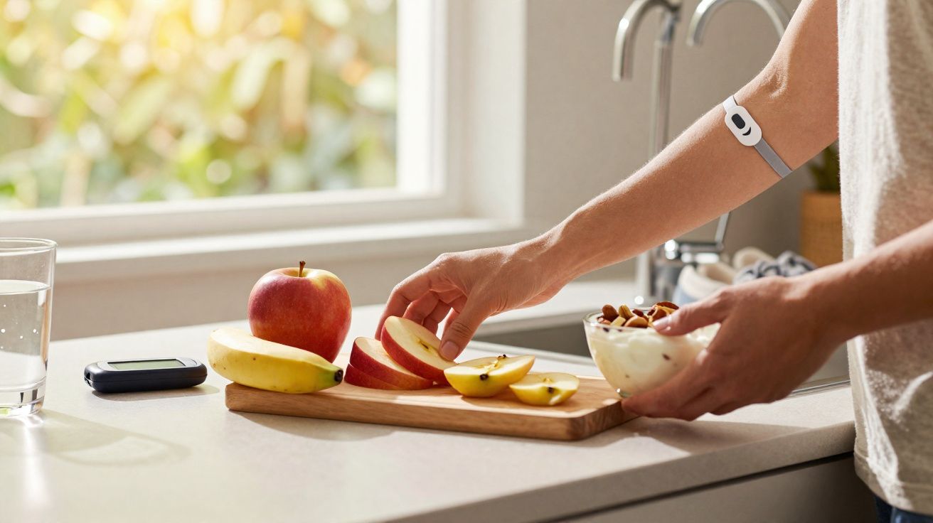 Pessoa com monitor contínuo de glicose cortando maçã na cozinha próxima a banana, copo d'água e dispositivo de medição.