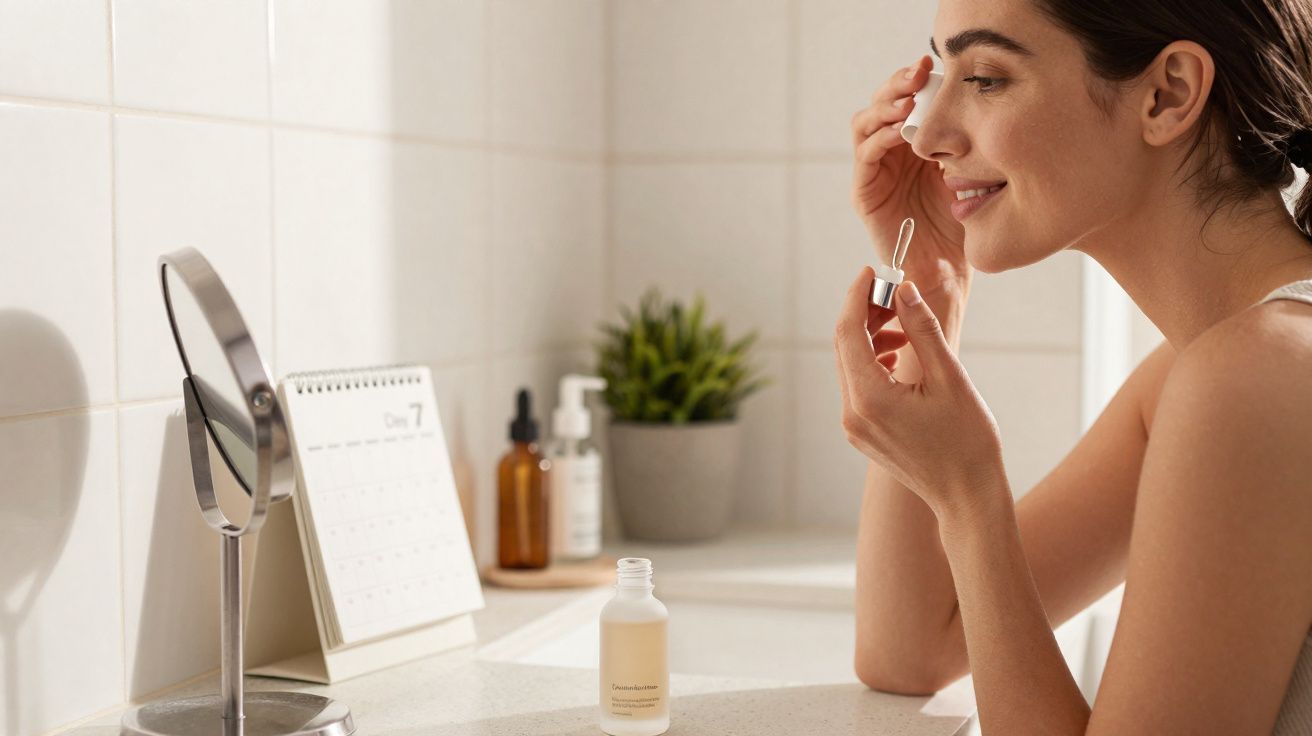 Mulher sorrindo aplicando soro facial com conta-gotas em frente a espelho no banheiro.