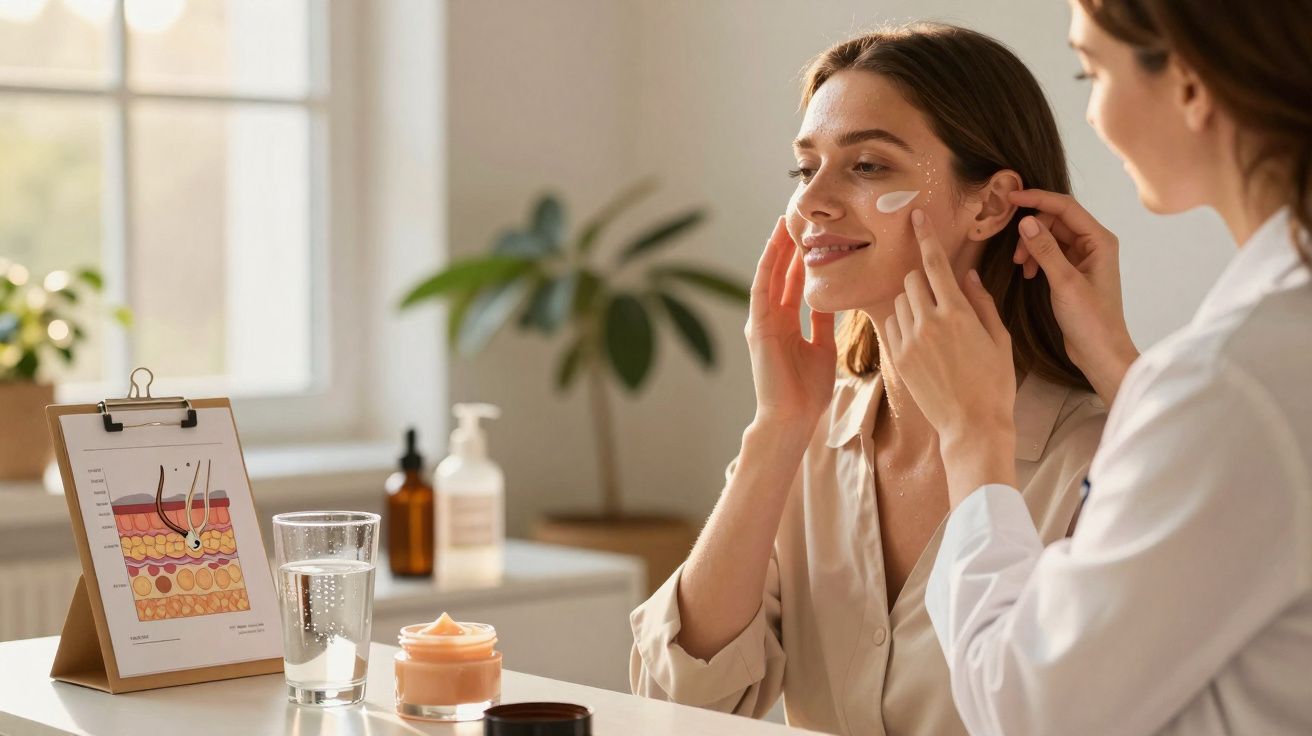 Especialista aplicando creme facial em mulher durante consulta de cuidados com a pele em ambiente iluminado.