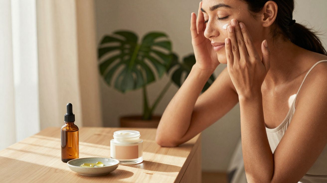 Mulher aplicando creme facial em ambiente iluminado, com frascos de cosméticos sobre mesa de madeira.