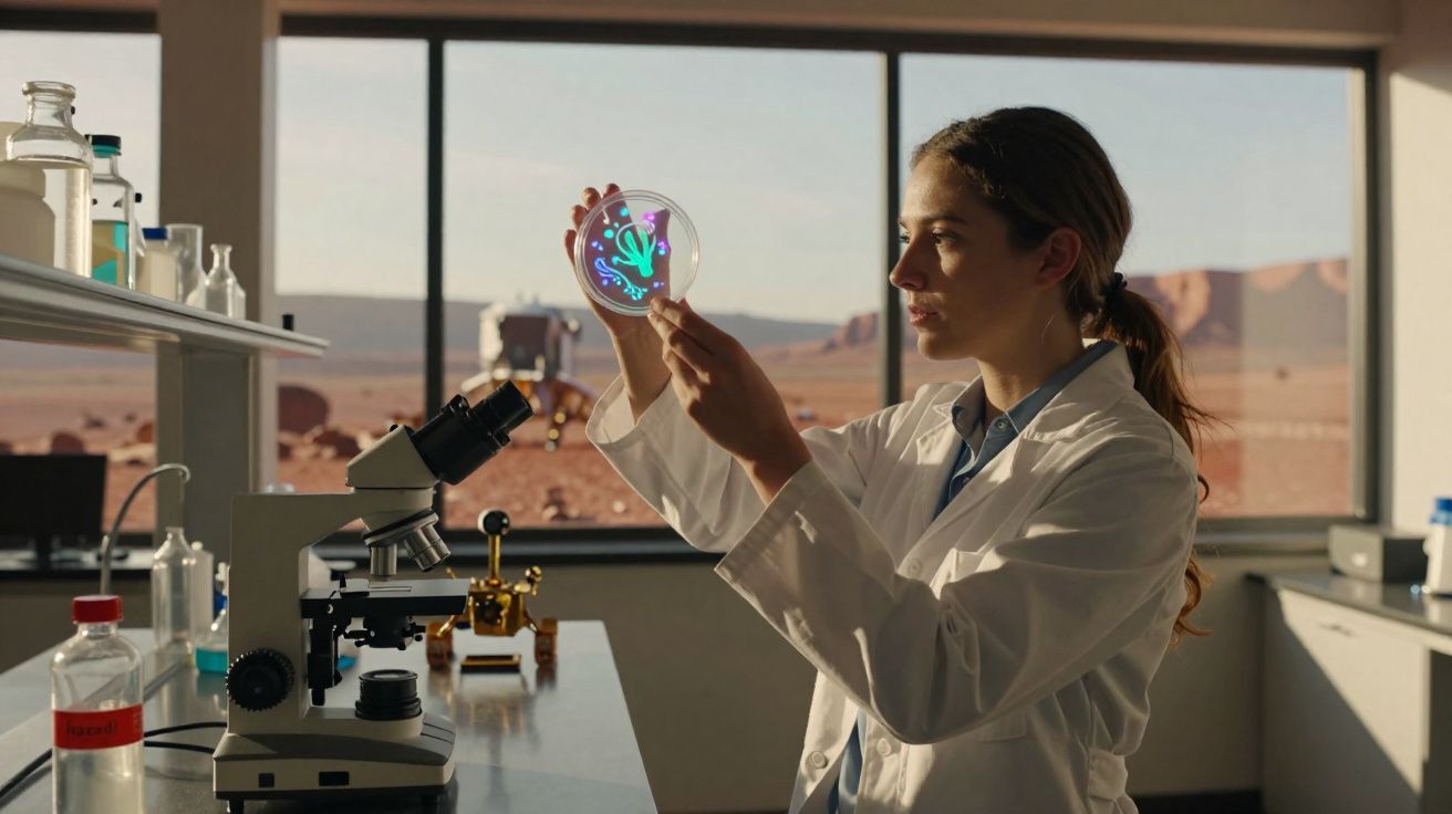 Mulher cientista com jaleco analisa placa de petri fluorescente em laboratório com janela para paisagem desértica.