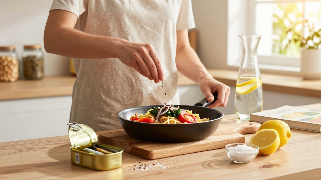Pessoa temperando pratos com massa, tomate e espinafre em frigideira na cozinha iluminada natural.