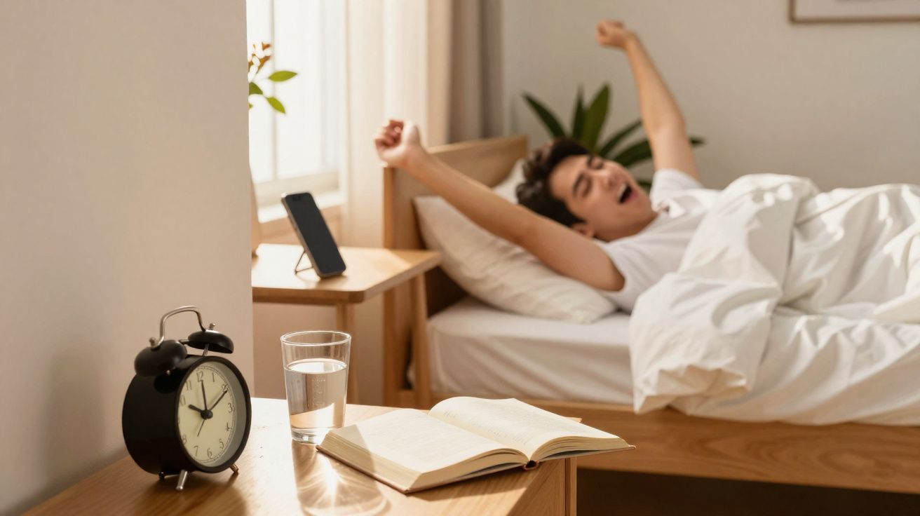 Pessoa acordando e espreguiçando na cama ao lado de mesa com despertador, copo d’água e livro aberto.