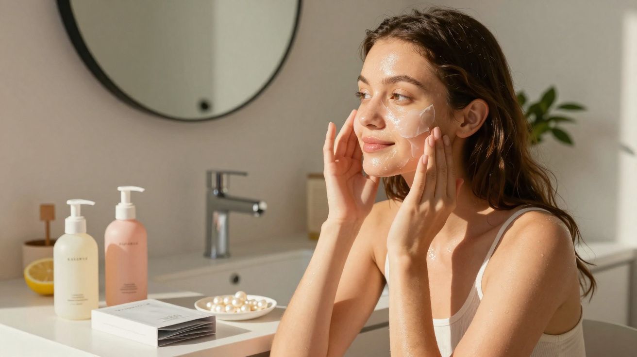 Mulher aplicando hidratante facial em ambiente claro e moderno, com produtos e espelho ao fundo.