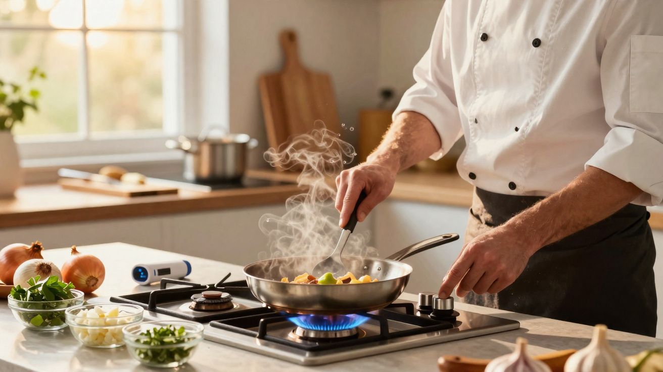 Chef vestindo jaleco branco cozinha legumes em frigideira sobre fogão a gás em cozinha iluminada.