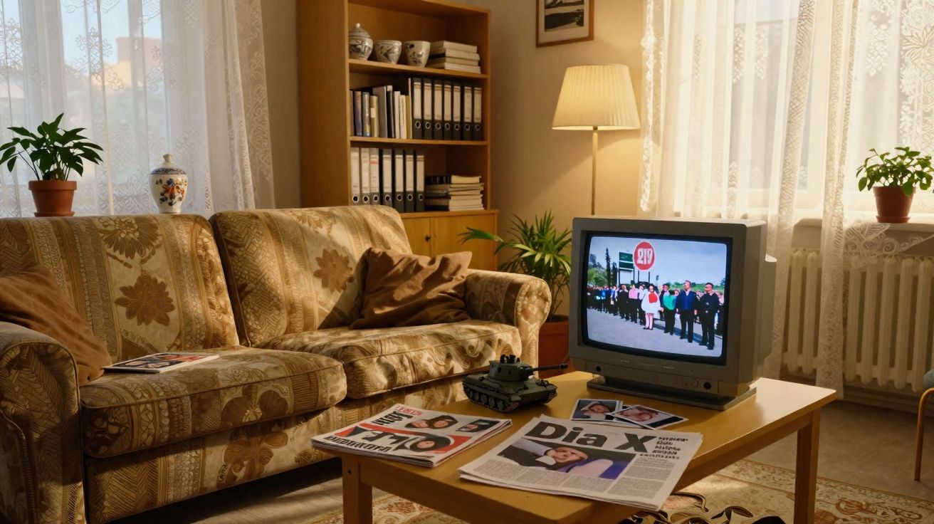 Sala de estar com sofá antigo, mesa com jornais, TV ligada e decoração vintage iluminada por abajur.