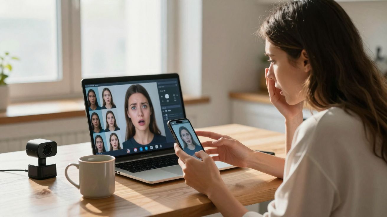 Mulher preocupada fazendo análise facial com laptop e celular em mesa iluminada na luz natural.