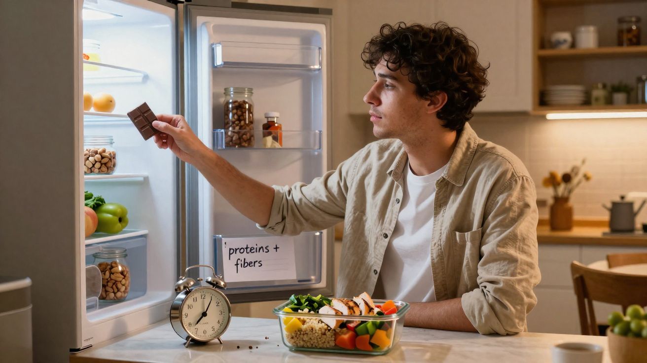 Homem segurando chocolate aberto na geladeira, com prato de comida saudável à frente na cozinha.