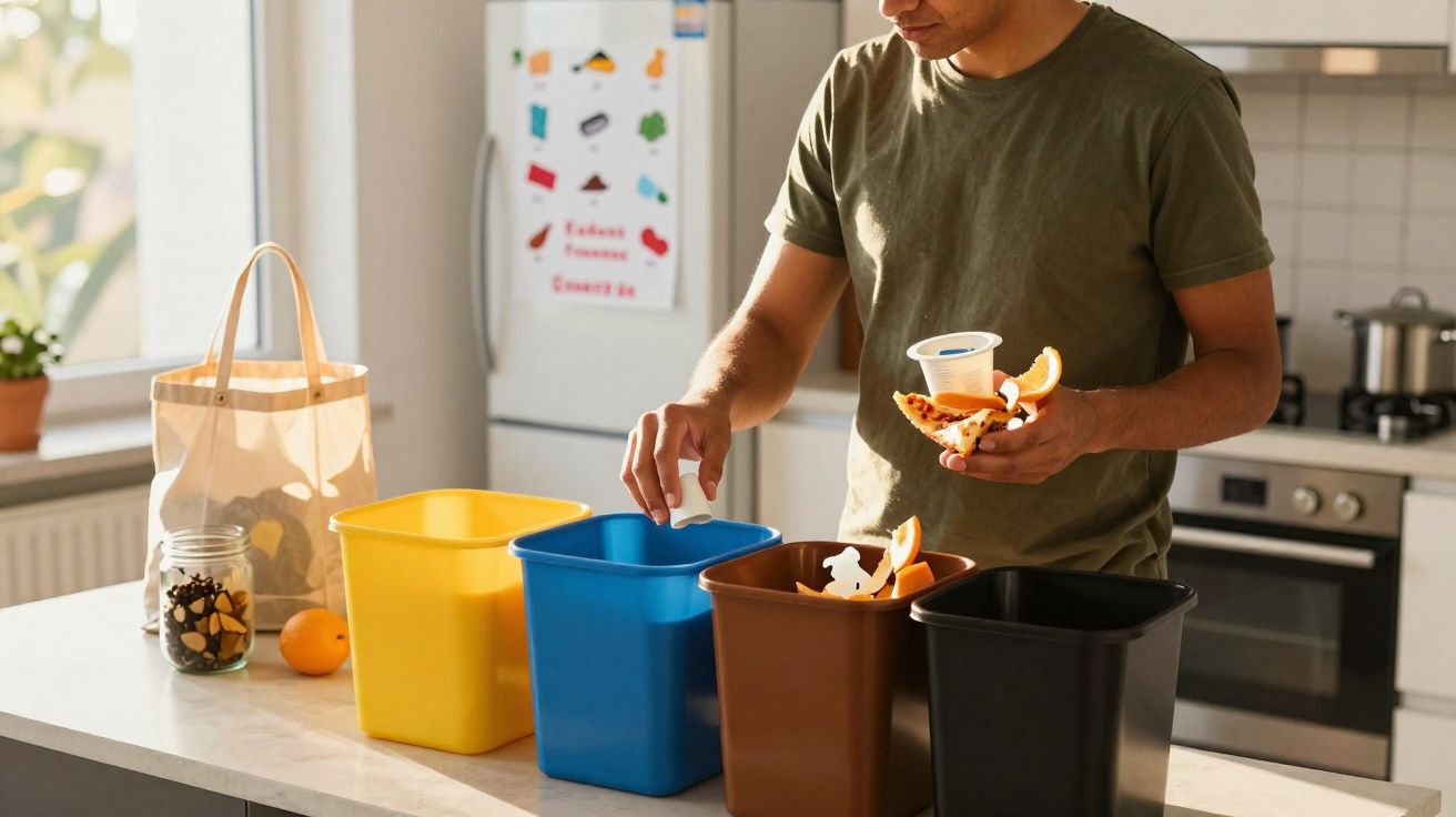 Homem separa lixo em diferentes lixeiras coloridas na cozinha para reciclagem e compostagem.