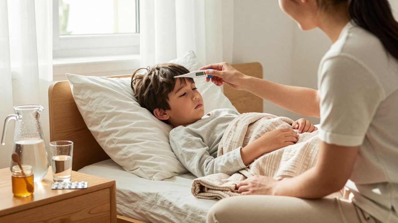 Criança doente deitada na cama com mãe medindo a temperatura com termômetro digital.