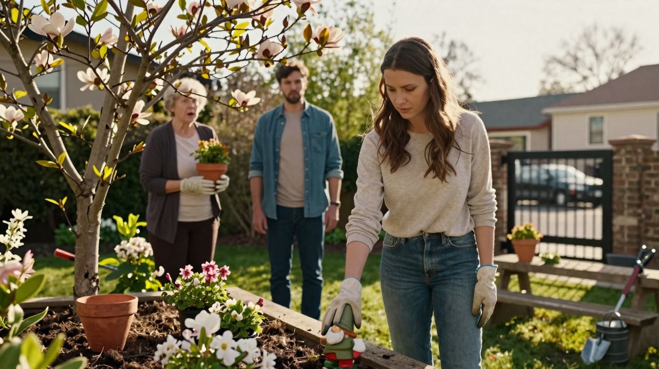 Jovem mulher rega flores enquanto homem e senhora observam em jardim ensolarado.