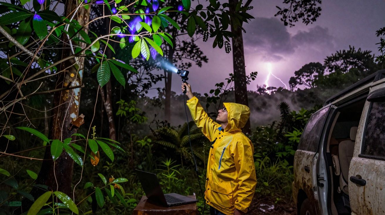 Pessoa com capa amarela usando ferramenta tecnológica para analisar plantas em floresta durante tempestade à noite.