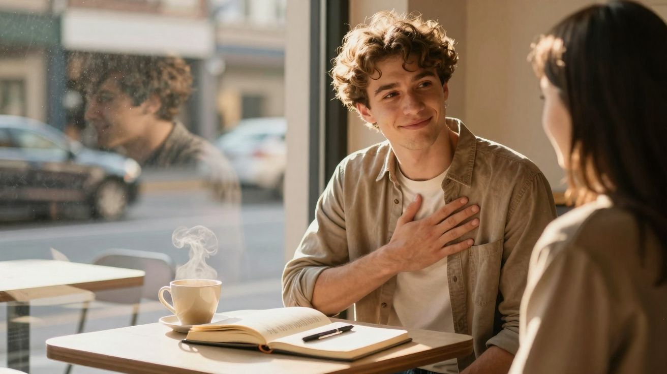 Jovem sorrindo e fazendo gesto de gratidão enquanto conversa com outra pessoa em cafeteria.