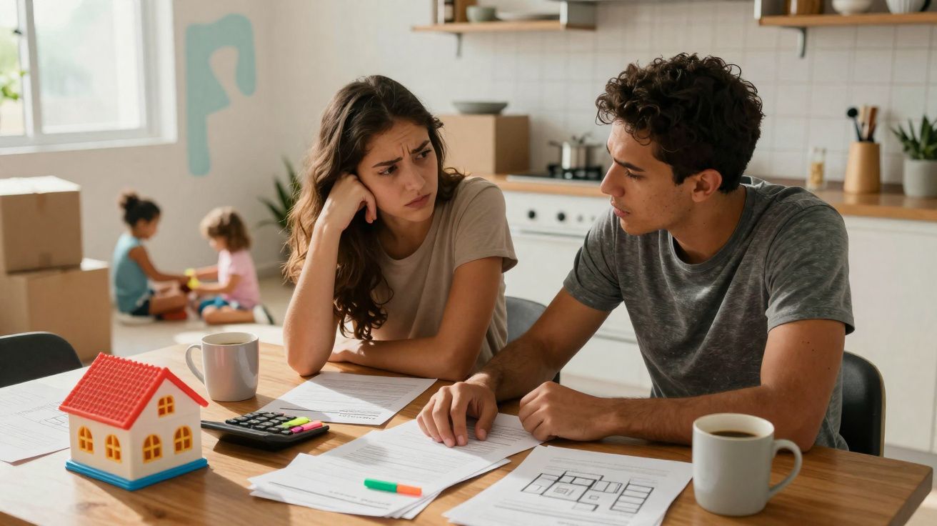 Casal preocupado revisa documentos financeiros em mesa, com duas crianças brincando ao fundo em casa.