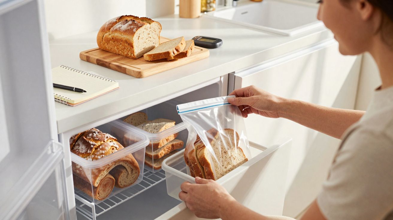 Pessoa guardando fatias de pão em saco plástico dentro da geladeira, com pão fatiado na bancada.