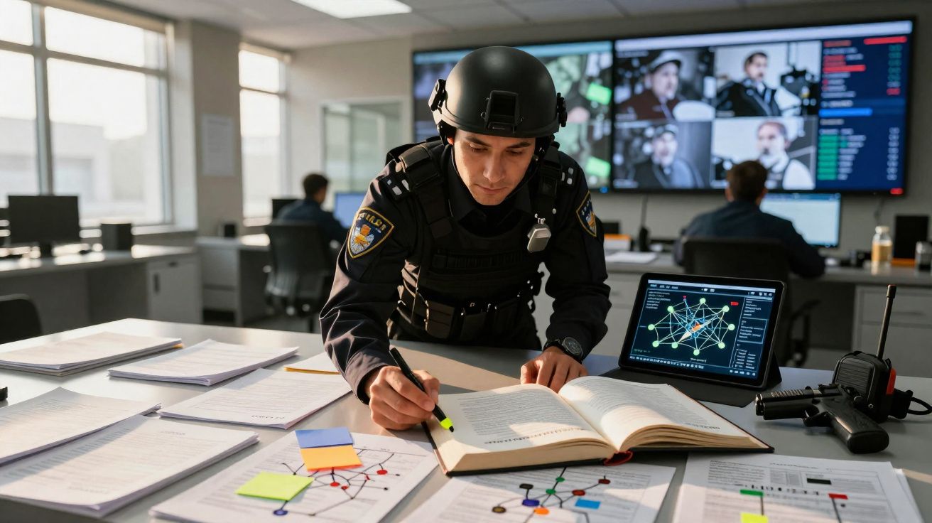 Policial em colete tático analisando documentos e anotações em mesa de central de operações.