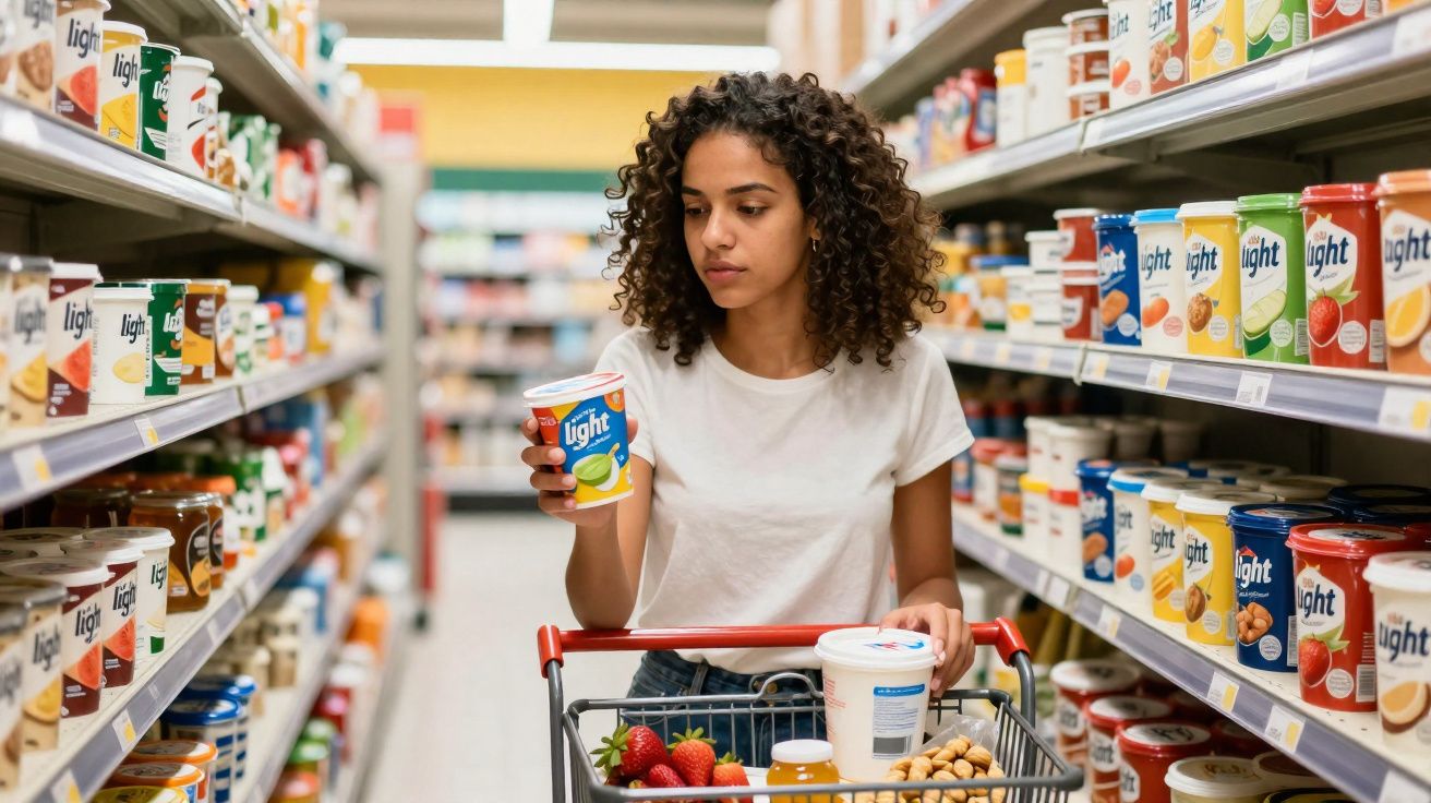 Mulher jovem com camiseta branca escolhe produto light em corredor de supermercado, carrinho com frutas e potes.