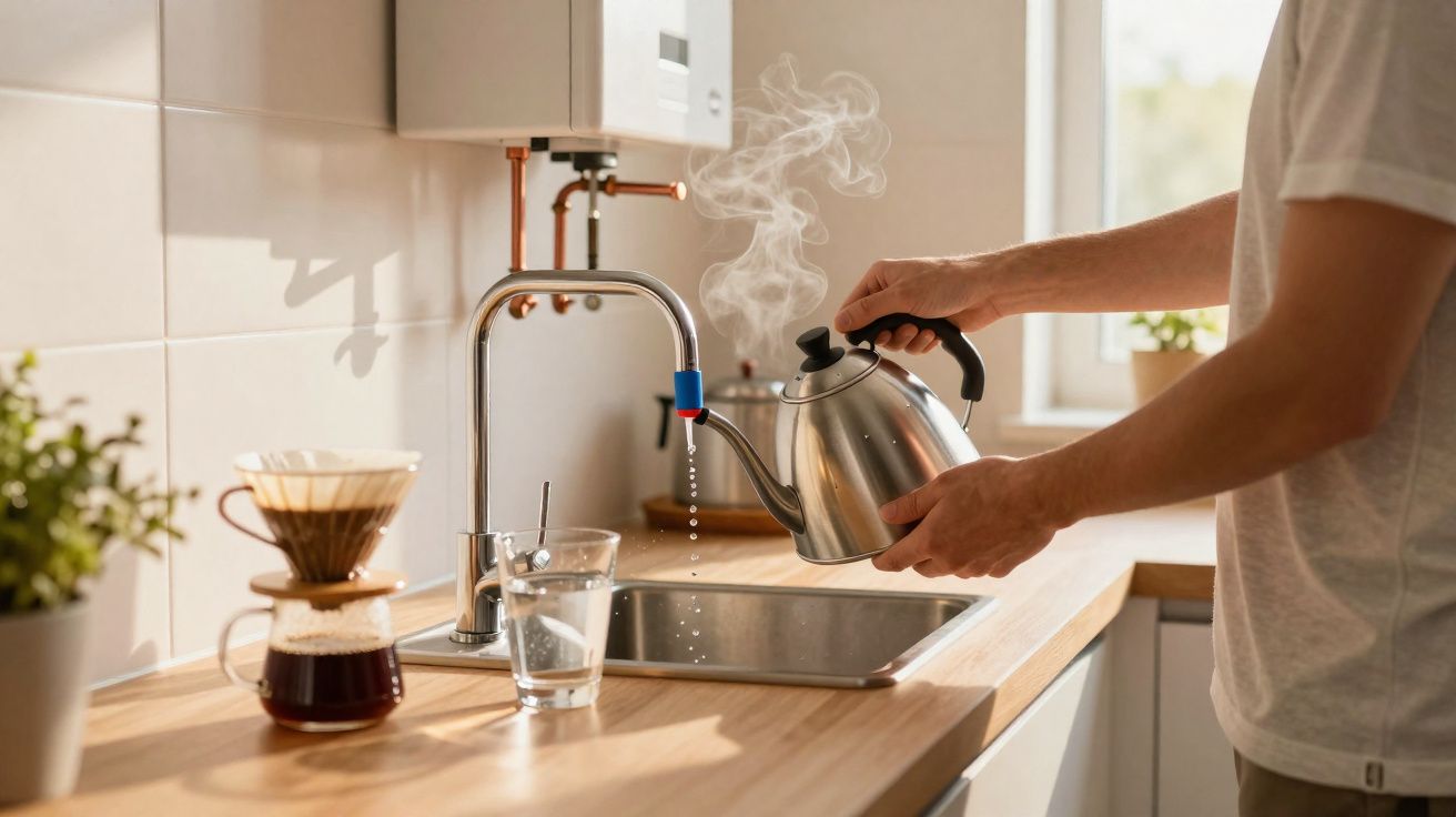 Pessoa despejando água quente de chaleira em torneira com filtro para café em cozinha iluminada.